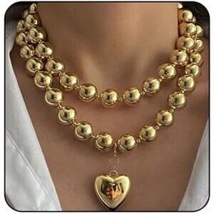 Chunky Gold Heart Necklace for Women Large Round Bead Beaded Necklace Layered